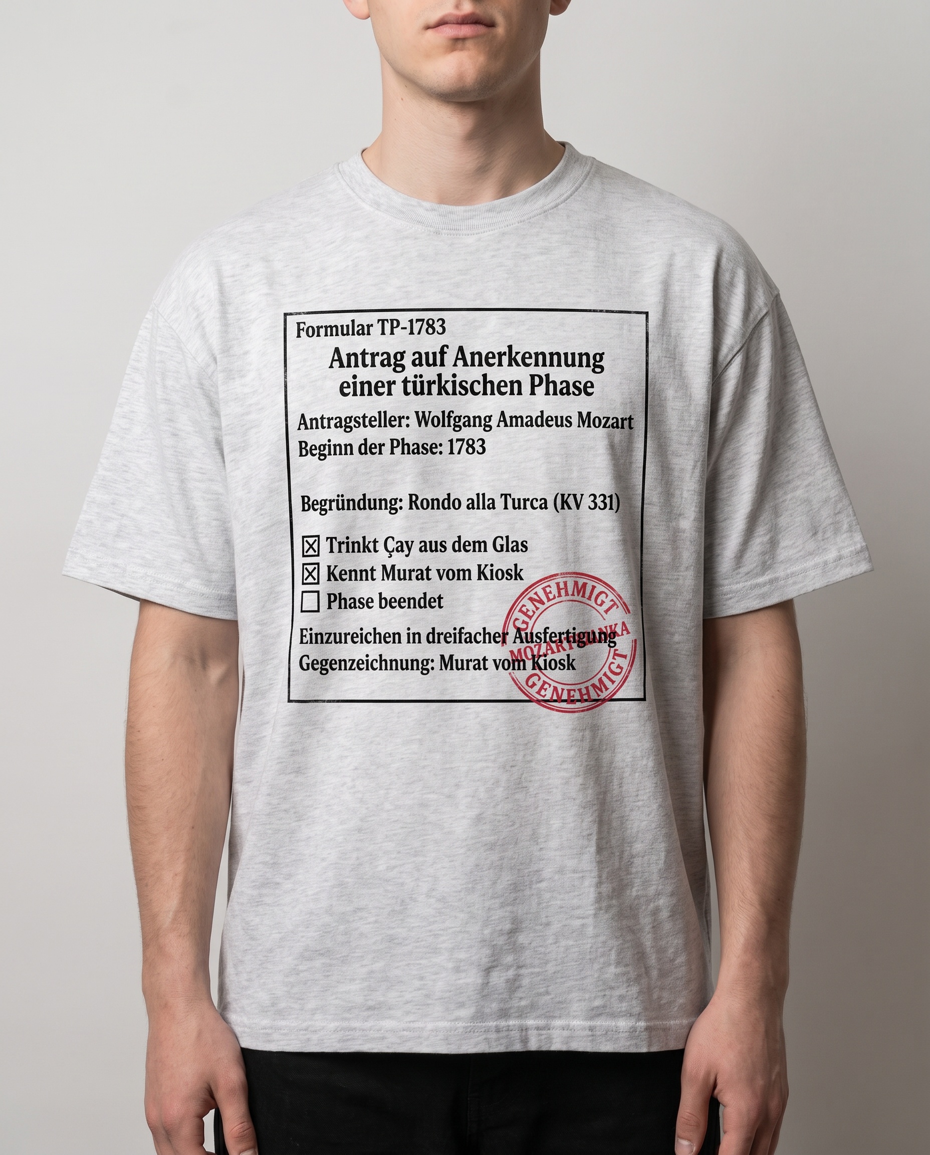 Helles T-Shirt mit dem Formular Antrag auf Anerkennung einer türkischen Phase und rotem Genehmigt-Stempel.